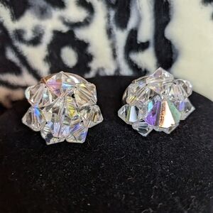 Vintage Aurora Borealis Crystal Bicone Cluster Earrings Clipon